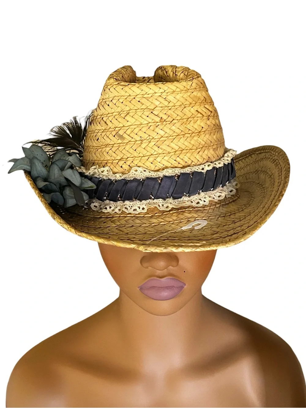 Embellished Straw Cowboy Hat Rustic Pinched Front Upturned Brim